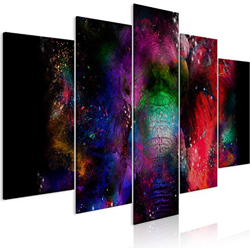 B&D XXL - Wandbilder XXL Tiere 150x75cm 5 tlg - Wand Deko Leinwand Bilder Groß Wanddeko Wohnzimmer Schlafzimmer Kunstdrucke - Elefant Abstrakt bunt schwarz g-C-0340-b-m