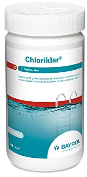 BAYROL Chloriklar 1 kg - Pastilles effervescentes de Chlore 20g - chloration Choc Piscine - désinfection Rapide - Traitement des algues Vertes & Eau Trouble - Dosage Facile et Dissolution Rapide