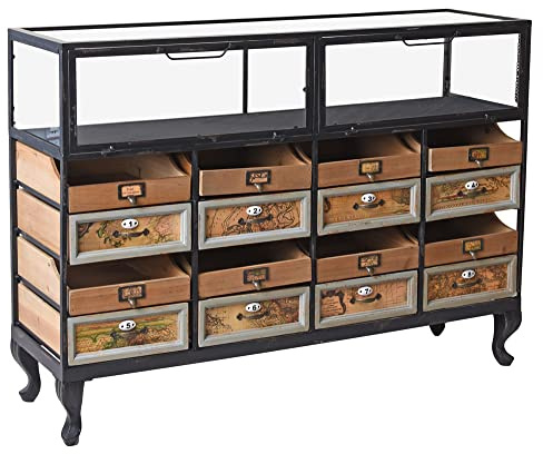 PALAZZO INT Vintage Sideboard „Coney Island“ – Industrial Kommode mit 16 Schubladen im Patchwork Design Holz & Metall Loft Stil mit Glasvitrine Fabrikmöbel Anrichte 80×110×32 cm