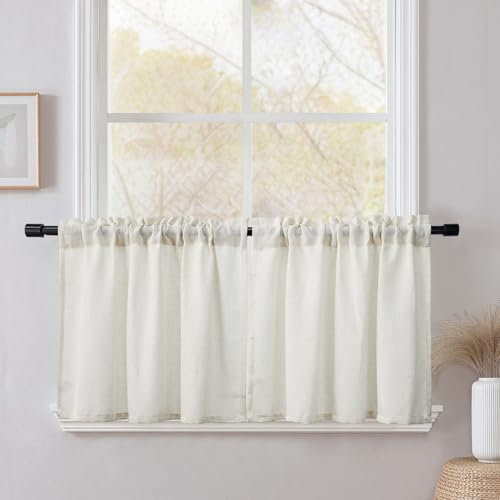 CUCRAF Scheibengardine Küchengardinen Bistrogardine 2er Set Natur Leinen H 50 x B 90 Hellbeige Halb Transparent Stores Gardinen Fenster Leinenvorhang Gardinenschal