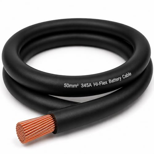 MKGT 345A Hi-Flex Battery Cable – 50mm2 0 Gauge Pure Copper Single Core PVC Welding Wire for 12V & 24V Automotive, Campervan, Solar, Inverter & Leisure Battery Systems (Black, 1 Meter)