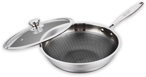 HEATEK ® Padella in Acciaio Inox Triplo Strato WOK Ø 30cm con Coperchio in Vetro | Antiaderente e Antigraffio | Adatta a tutti i Piani Cottura