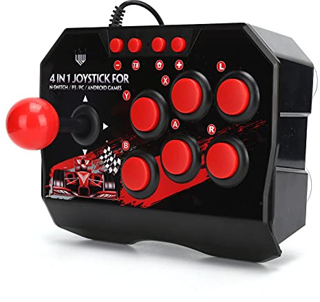 Wired Fight Stick for Switch/PC/with Metal Joystick, 6 Round Control Buttons, Black and Red Design