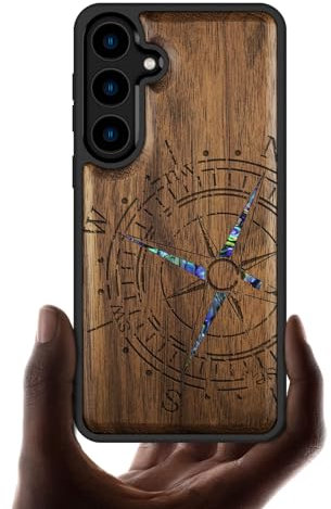 Carveit Designer Wooden Case for Samsung Galaxy S24 Case [Wood Engraving & Shell Inlay] Compatible with Wireless Chargers S24 Case (Incomplete Compass-Walnut)