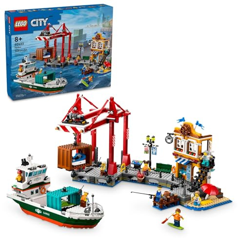 LEGO City Seaside Harbor mit Frachtschiff-Spielzeug, Modellcontainerkran und Boot mit 8 Minifiguren inklusive, Bauset für Jungen und Mädchen ab 8 Jahren, Kinder-Geschenkidee, 60422
