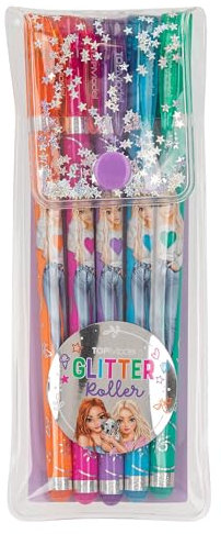 Depesche TOPModel 12743 Glitter Gel Pen Set in Transparent Pouch with Press Stud Closure, 5 Pens in Glitter Colours for Writing and Decorating