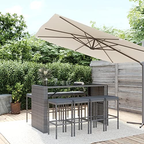 ShCuShan 9-TLG. Gartenbar-Set mit Kissen Stehtisch Outdoor GartenmöBel Outdoor Furniture Bistrosets Grau Poly Rattan