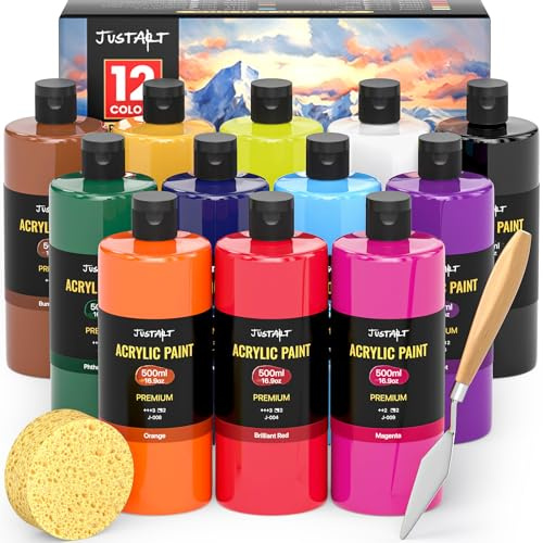 500 ml akrylfärgs set 12 färger (16 oz), stora flaskor giftfria akrylfärger professionellt hantverk färgkit hög viskositet bleknar inte rikt pigment för barn vuxna konstnärer kanvas hantverk
