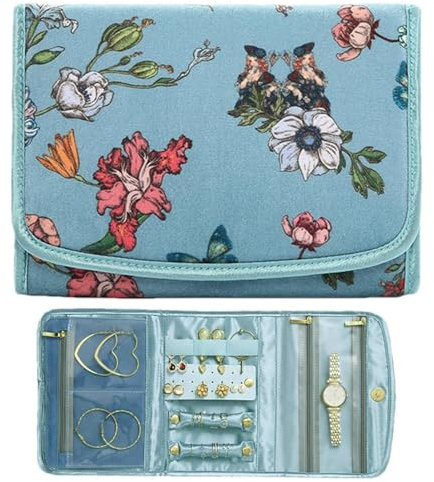 NUOYIXUAN Schmuck-Reisetasche, Reise-Schmucketui - 5 Fächer, Vintage-Blumen-Design, faltbare Schmuckrolle - Modische, elegante -Schmuck-Reisetasche für Reisen mit Ringen, Halsketten, Armbändern