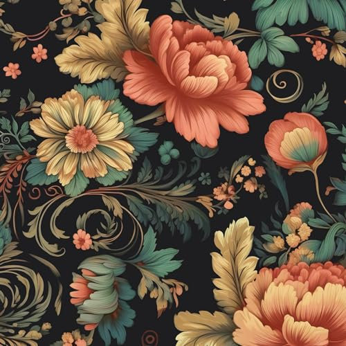 BOKEBEVE Extra Long Colorful Floral Peel and Stick Wallpaper Boho Vibrant Contact Paper Cabinet Vintage Wallpaper for Bedroom Bathroom Wall Removable Black 17.5 x 393.5In
