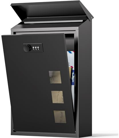 Post Boxes Wall Mounted Waterproof, Steel Mail Box Modern Delivery Letter Box for Outside with Combination Lock, Rain Cover, Viewing Windows, Lockable Large Letterbox, Black 40x25x10cm
