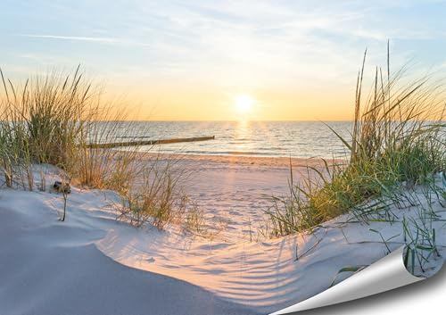 4FINO Meer Poster | Sonnenaufgang am Strand | Dünen | Bilder Natur Foto | Dekoration Wohnzimmer Schlafzimmer Küche | Ohne Rahmen (Mehrfarbig, 100 cm x 70 cm)