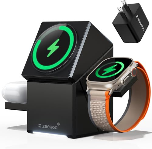 Estación de Carga Inalámbrica, Qi2 15W Fast Charge, Estación de Carga Inalámbrica 3 en 1 para Cargador de Apple Watch, para iPhone 16, 15, 14, 13, 12 Series, AirPods (Cargador USB-C de 30 W Incluido)