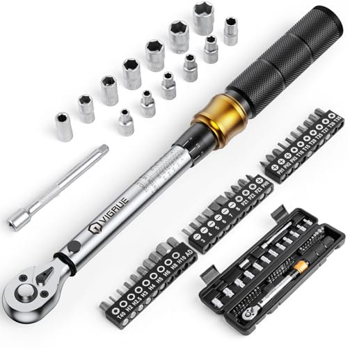 VIGRUE Drehmomentschlüssel Fahrrad, 1/4 Zoll Drehmomentschlüssel 5-25 Nm ±4% Fehlergenauigkeit mit Verlängerungsstange, Universalgelenk, Magnetische Zündkerzenhülse, Bits für Fahrrad und Motorrad