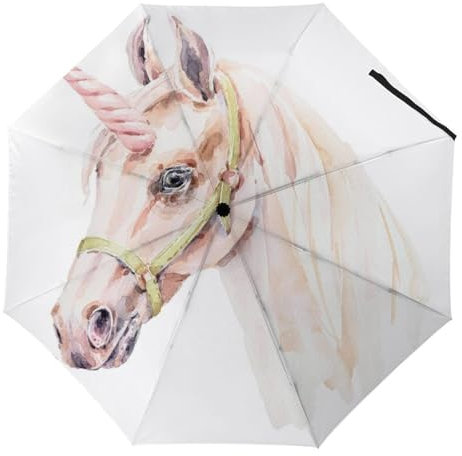 YBQLNP Automatischer Regenschirm Weißes Einhorn Taschenschirm Winddicht Sturmfest Für Herren Damen Teenager