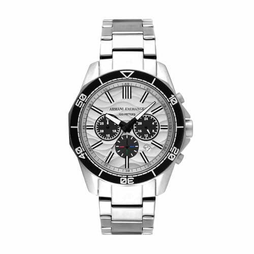 Armani Exchange Silver Tone Watch for Men, Quarz-Chronographenwerk und 44mm Gehäusegröße mit Edelstahlarmband