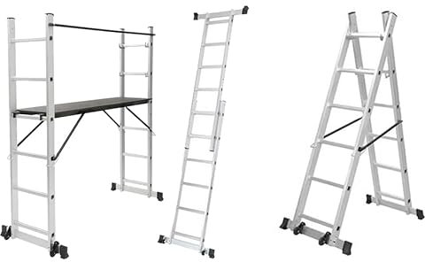Scala Multifunzione 4 in 1 Alluminio con Piattaforma Pieghevole con Ruote