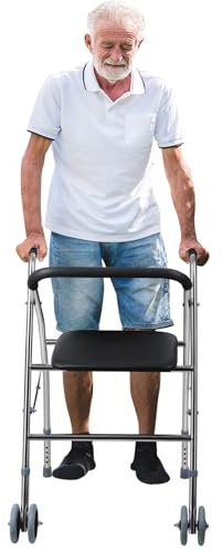 joukares Zimmer Frame, Folding Walking Frame, Walker with Seat and Wheels, Lightweight Mobility Walking Aid with Seat, Foldable Walker with 3 Gears Adjustable Height Legs, 330lbs Capacity Black