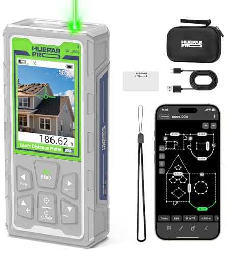 Huepar Pro Laser Measuring Tool, 330Ft Outdoor Laser Measure with Camera & Bluetooth Connected, Laser Distance Meter with P2P Technology, Free APP, IP68, Micro USB Cable, Hand Strap & Pouch -SW-100GQ