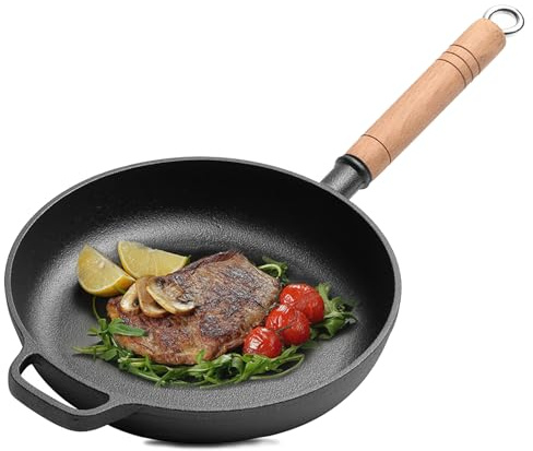 BOYIFEIJIE Gjutjärnspanna, obelagd järnpanna, gjutjärn stekpanna av högrent järn med handtag av massivt trä, naturlig non-stick-effekt, stekpanna för alla typer av spisar inklusive induktion (25 cm)