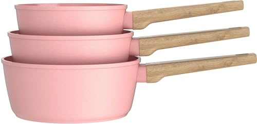 Batterie de cuisine Arthur Martin Set de 3 casseroles AM0702 | aluminium, revêtement céramique antiadhésif, poignées façon bois, tous feux dont induction