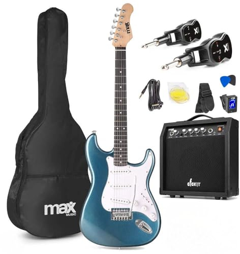 MAX GigKit + Vonyx WGS20 - Set guitarra eléctrica 4/4 con sistema inalámbrico, color petróleo, amplificador 40W, sistema UHF 10 canales, batería recargable y accesorios completos para principiantes