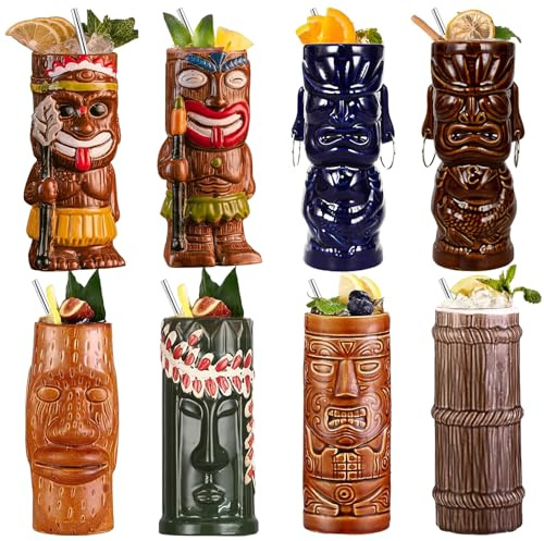 USEEKRIL Cocktail-Tiki-Becher, 8er-Set – exotischer Tiki-Gläser mit 8 Strohhalmen, süße Cocktailgläser aus Keramik für Partys im Hawaii-Stil