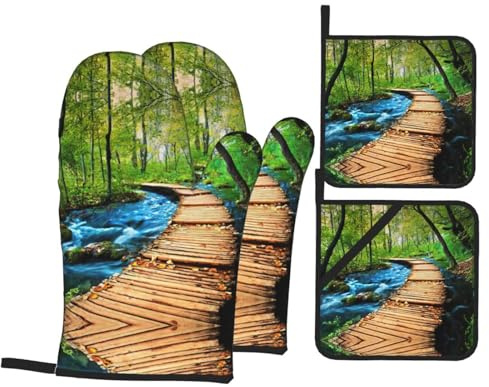 Wooden Bridge Stream Water Oven Mitts And Pot Holders Sets 4pcs Set, Heat Resistant, Kitchen Cooking Baking Decoration