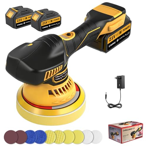 Viugreum Poliermaschine Auto Akku, 21V 2x3000mAh Batterie, 6 Variable - Poliermaschine Auto 6000RPM, Auto-Polierset mit Polierpad Polierschwamm Polierfell für die Autoaufbereitung Kratzerentfernung
