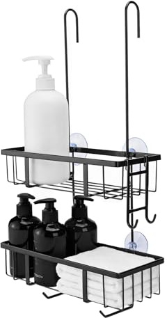 YTUGIL Duschablage zum Hängen – 2 Etagen Duschregal Für Dusche Glastür aus Edelstahl, Duschkorb & Shampoo-Halterung ohne Bohren, Schwarz H-60cm
