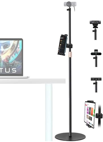 AceTaken Webcam-Bodenständer mit Tablet-Handyhalterung, 160 cm, kompatibel mit Logitech C920 MX-Brio C922 C930 C925e C615 StreamCam Brio 4K Webcams für Microsoft Teams, Zoom, Google Meet GameChat