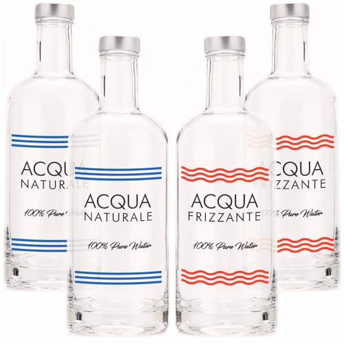 BrandPrint Set di 4 Bottiglie in Vetro Modello ISIDE, 750 ml, Serigrafia 2 Naturale e 2 Frizzante, Tappo a Vite colore Argento | Bottiglia Vetro Acqua