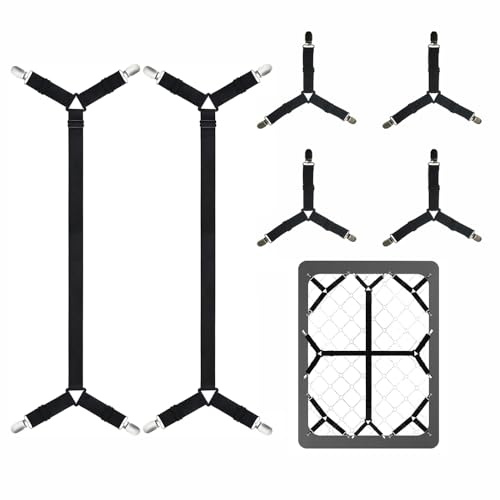 Lot de 6 supports de draps (2 diagonales et 4 tendeurs d'angle), sangles élastiques réglables avec clips métalliques, fixation croisée stable pour draps infroissables, universel pour toutes les
