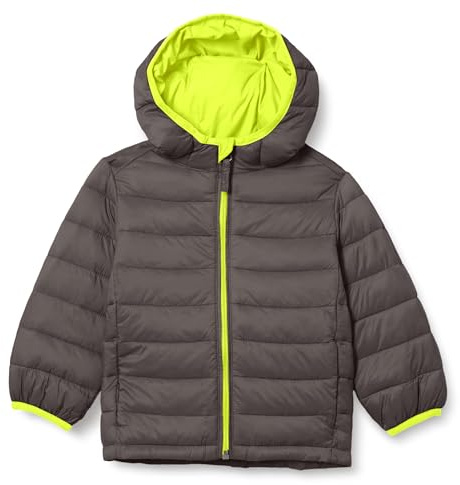 Amazon Essentials Chaqueta Acolchada con Capucha, Plegable, Ligera y Resistente a la Lluvia Niño, Gris Oscuro Fluo Amarillo, 6-7 años