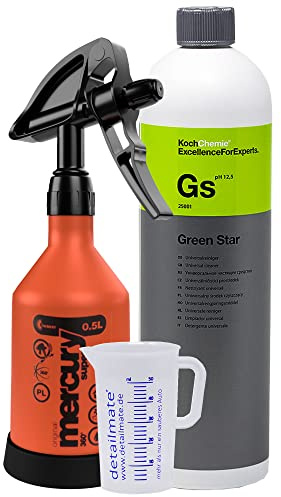 detailmate Set aus Kwazar 360 Grad Sprühflasche, Koch Chemie Green Star Universalreiniger 1L Messbecher 50 ml