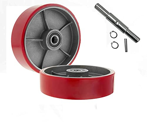 Ensemble de volants pour transpalette/camion avec essieu, fixations et capuchons de protection, 17,8 x 5,1 cm avec roulements ID 20 mm, bande de roulement en polyéthylène rouge (rouge)