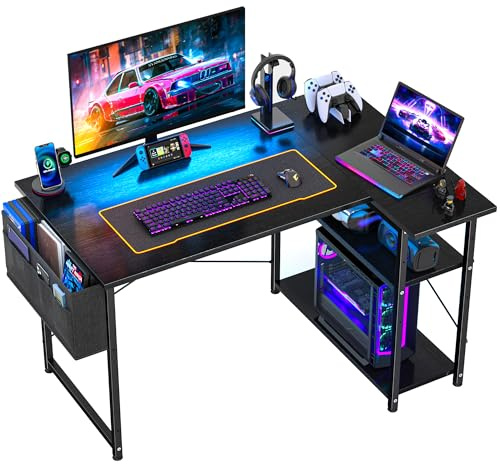 L Shaped Gaming Desk with Shelf Reversible and Storage Bag, Black 100×70cm