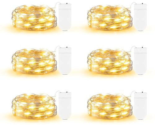 ZAIYW 6 Pack Fairy Lights Battery Operated, 2M 20 LED Small Fairy Lights Waterproof, Mini Sliver Wire String Lights for Mason Jars DIY Party Wedding Christmas Table Decoration (Warm White)