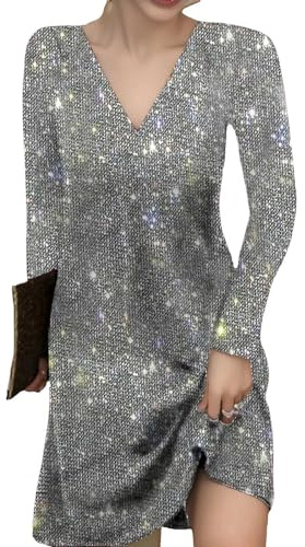 Cihdmfb Glitzer Kleid Damen Große Größe Pailettenkleider Elegant V-Ausschnitt Langarm Festlich Partykleid Glitzer Cocktailkleid Pailletten Frauen Kleider Glitzerkleid Abendkleid