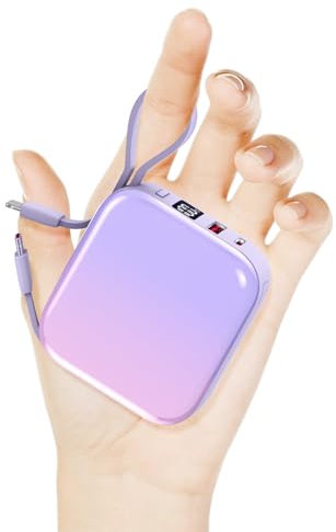 Portable Charger Mini Power Bank,22.5W 10000mAh Fast Charging Portable Phone Charger with Built in iOS and USB-C Output Cable,LED Display Travel Battery Pack for iPhone Samsung Android iPad (Purple)