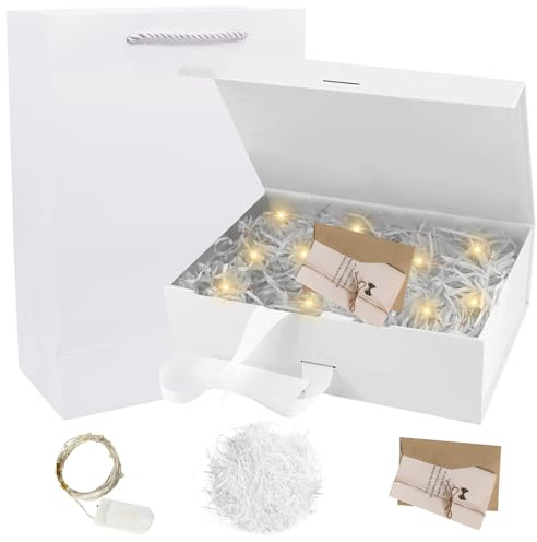 Geschenkbox 21 * 17 * 7cm, Geschenkbox mit Deckel, Geschenk Box mit Schleife+Karte+Tasche+Bast+Licht, Magnetische Geschenkboxen, Geschenkkarton, Geschenkverpackung für Hochzeit Weihnachten Geburtstag