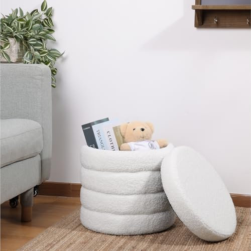 Navaris Pouf Hocker Stauraum - Sitzhocker weiß rund - Schminktisch Sitzhocker mit Stauraum - Ottoman Schminktisch Hocker - Schminkhocker - Poufs Polsterhocker Teddystoff