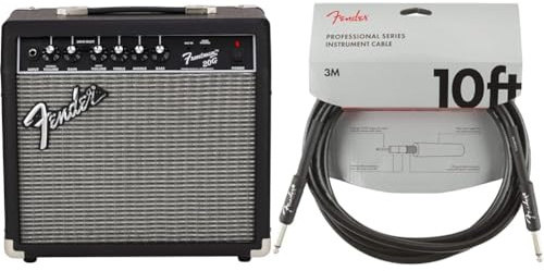 Fender Frontman 20G, Combo Guitar Amp, 20W, Suitable For Electric Guitar, Black & Professional Series Instrument Guitar Cable, 10 ft, Straight/Straight, Black, 3m