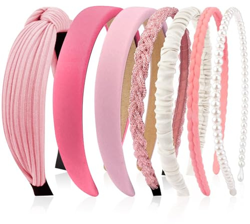 Kotkiddy 7 Stück Haarreifen Set Damen, verschiedene Modelle, Perlen Stirnbänder, Stirnbänd Kunststoff Haarreif Stirnbänder Haarband für Mädchen Damen (Rosa)