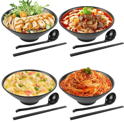 GBACHOOSE Lot de 4 Bols à Ramen Japonais 1000 ml Avec Cuillère et Baguettes - Grand Bol à Soupe Japonaise Pour Udon et Nouilles Chinoises