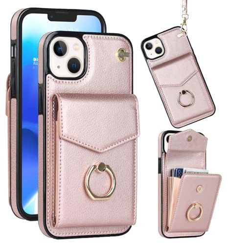 Knoowcase for iPhone 14 Case Shockproof Wallet with Card Holder Slots Ring Wrist Strap PU Leather Shell RFID Blocking Kickstand Magnet Full Protective Cover for iPhone 14, Rosegold