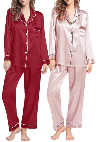 HUIFUAO Set med 2 dam satin pyjamas set dam sexiga pyjamas dam plusstorlek V-ringad långärmad siden nattkläder dam, Röd + rosa, XL