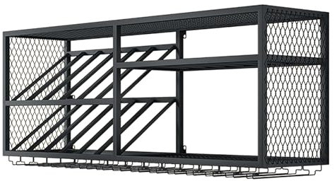 Portabottiglie da parete in metallo con ripiani per bottiglie di liquori e porta bicchieri da vino, per cucina, sala da pranzo e bar, nero (120 x 30 x 45 cm)
