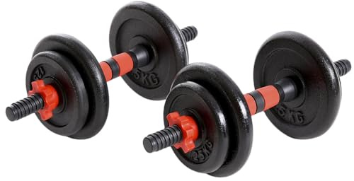 Train Hard® hantlar set om 2 gjutjärn 15 kg/20 kg/25 kg – hantelstång, vikter och stjärnlås räfflade 25 mm svart röd (A:15 kg)
