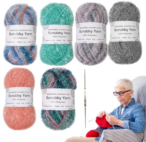 Generic Scrubby Yarn for Dishcloths Crocheting, Polyester Dish Scrubby Yarn, 6 Skeins Assorted Pastel Colors with 1 Crochet Hook